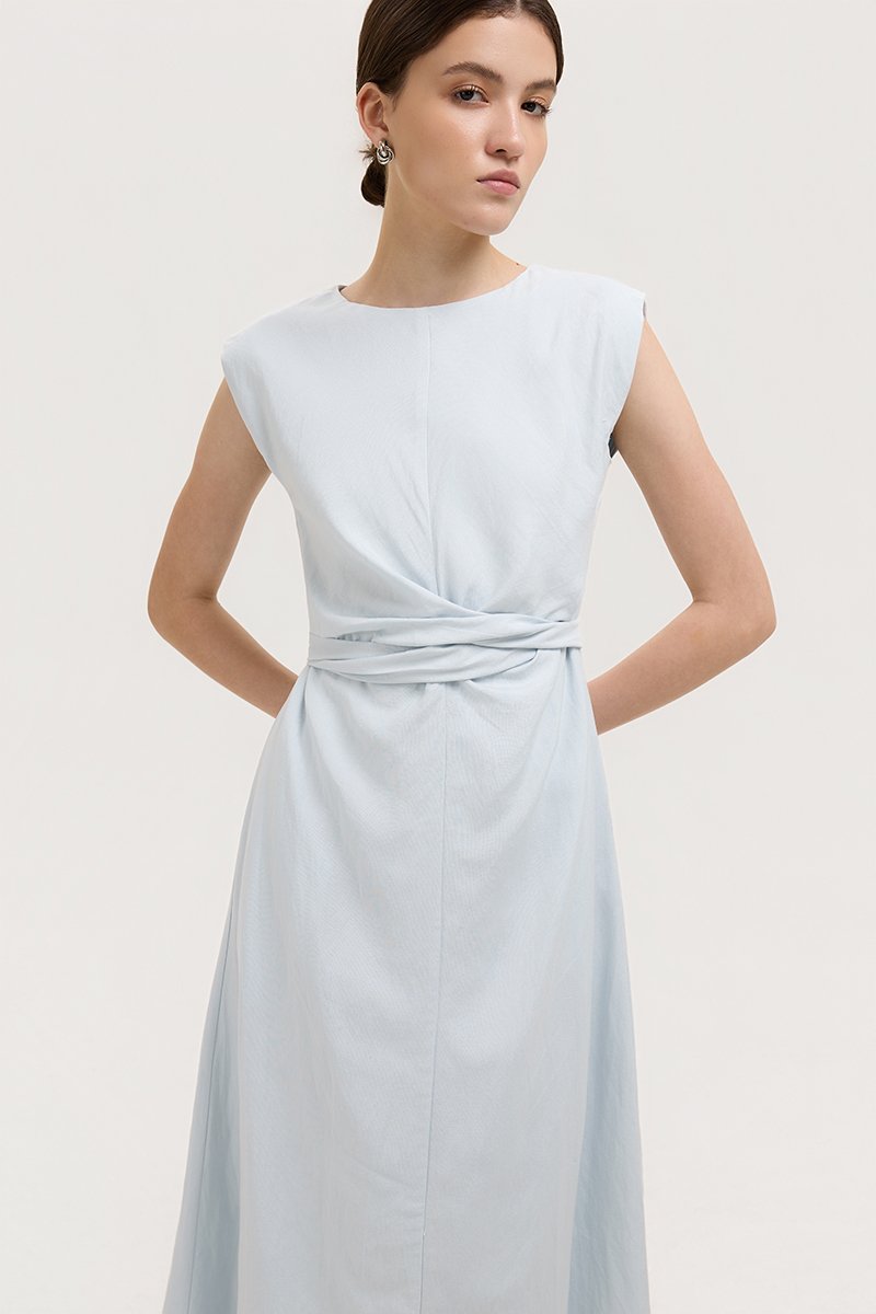 TABITHA CROSS FRONT MIDI LINEN DRESS