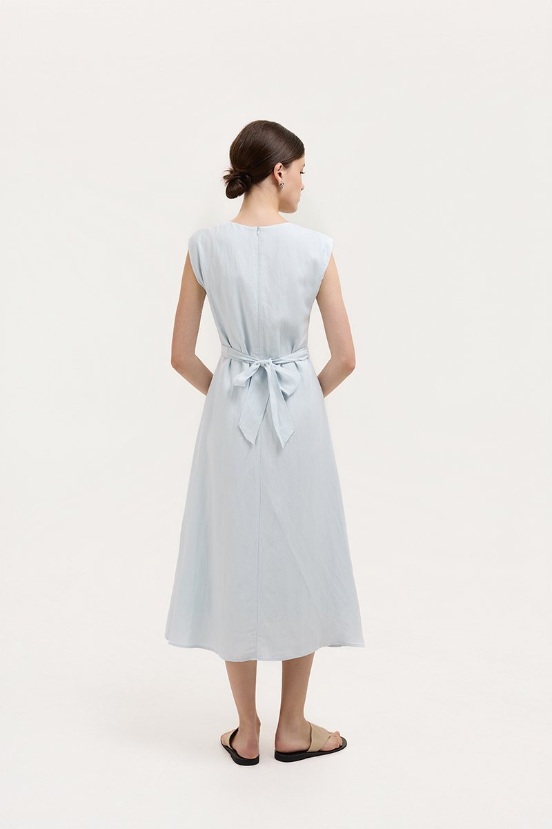 TABITHA CROSS FRONT MIDI LINEN DRESS