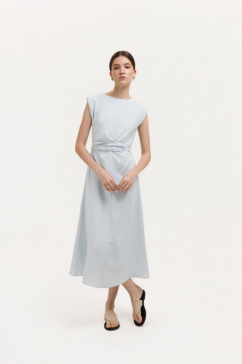 TABITHA CROSS FRONT MIDI LINEN DRESS