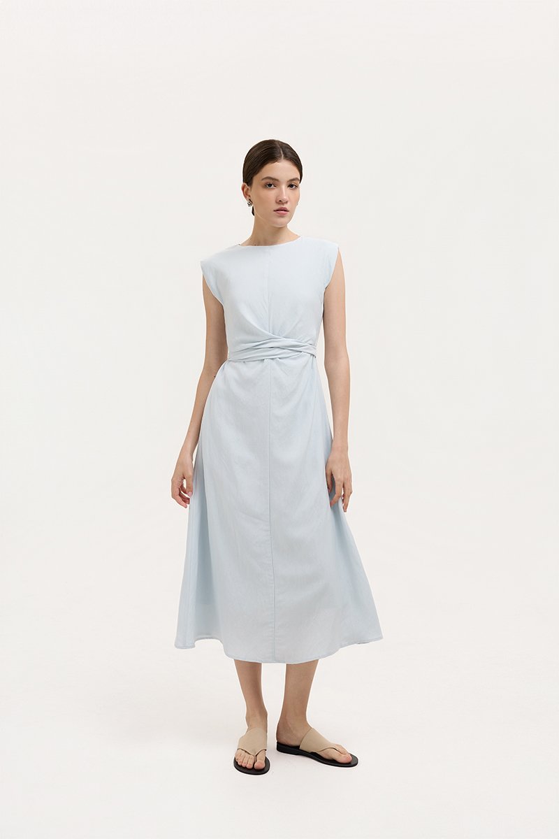 TABITHA CROSS FRONT MIDI LINEN DRESS