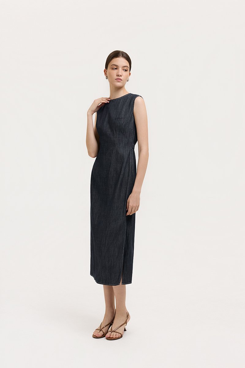 MELLANY SHEATH ELASTICATED DENIM DRESS