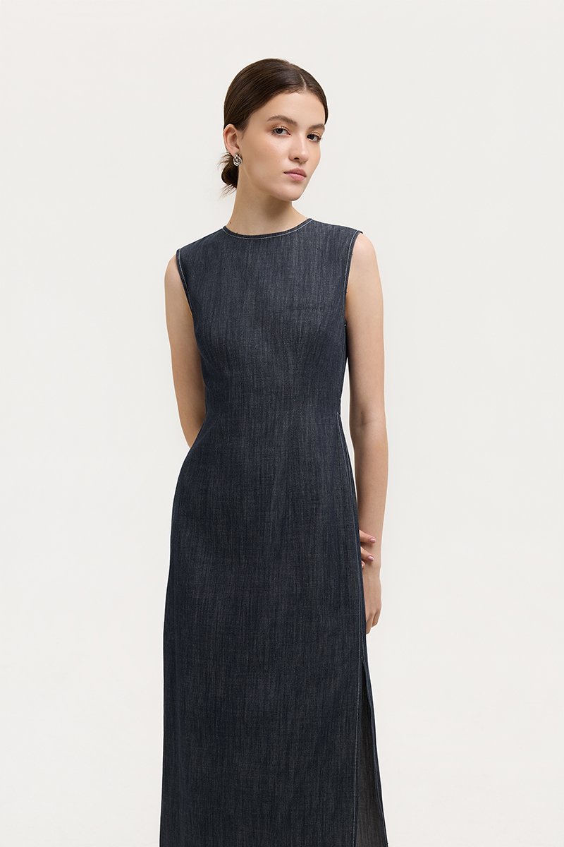 MELLANY SHEATH ELASTICATED DENIM DRESS