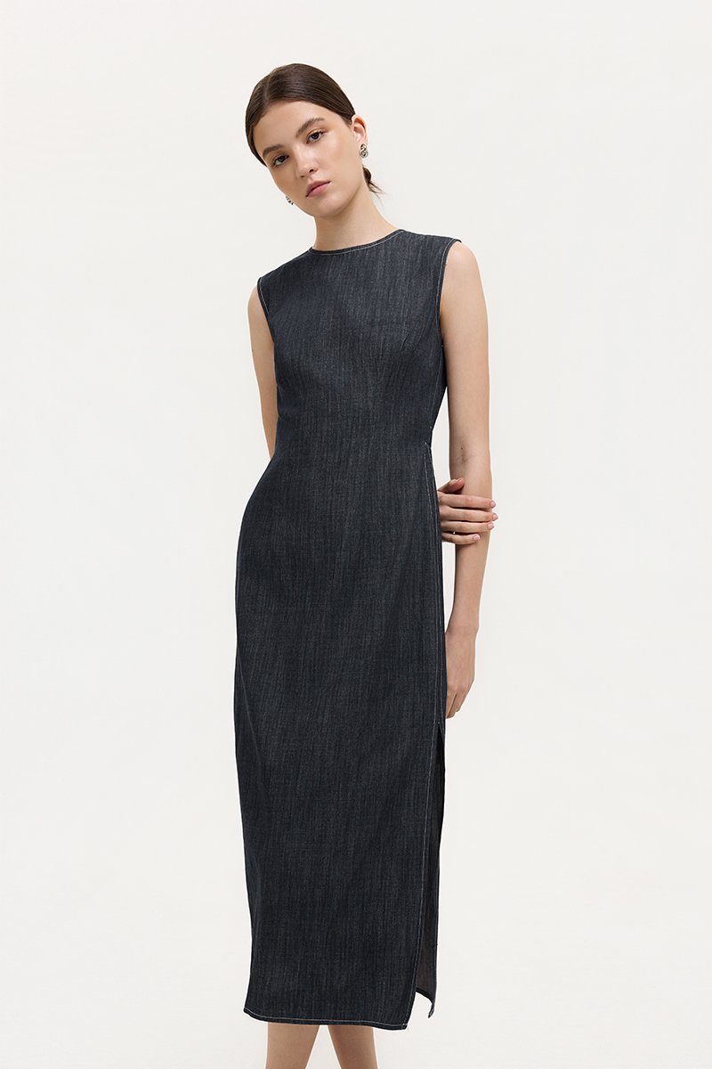 MELLANY SHEATH ELASTICATED DENIM DRESS