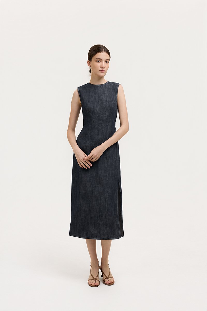 MELLANY SHEATH ELASTICATED DENIM DRESS