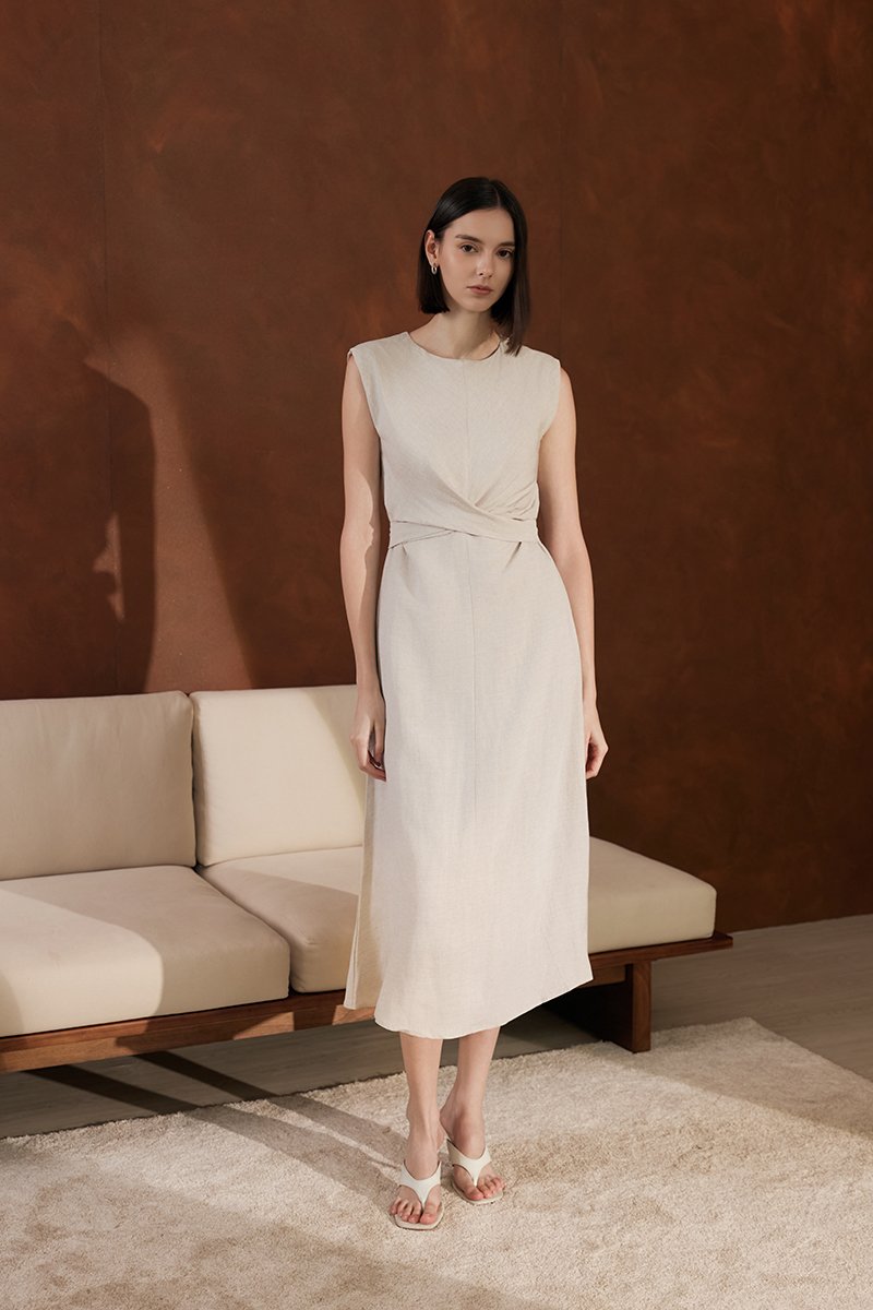 TABITHA CROSS FRONT MIDI LINEN DRESS