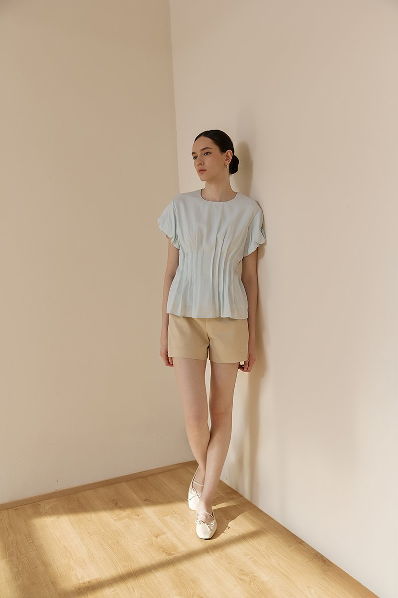 HALLIA PUFF SLEEVES PLEATED LINEN TOP