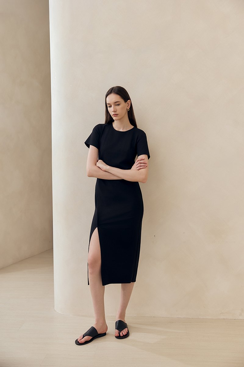 JENNA ASYMMETRIC SHEATH MIDI DRESS