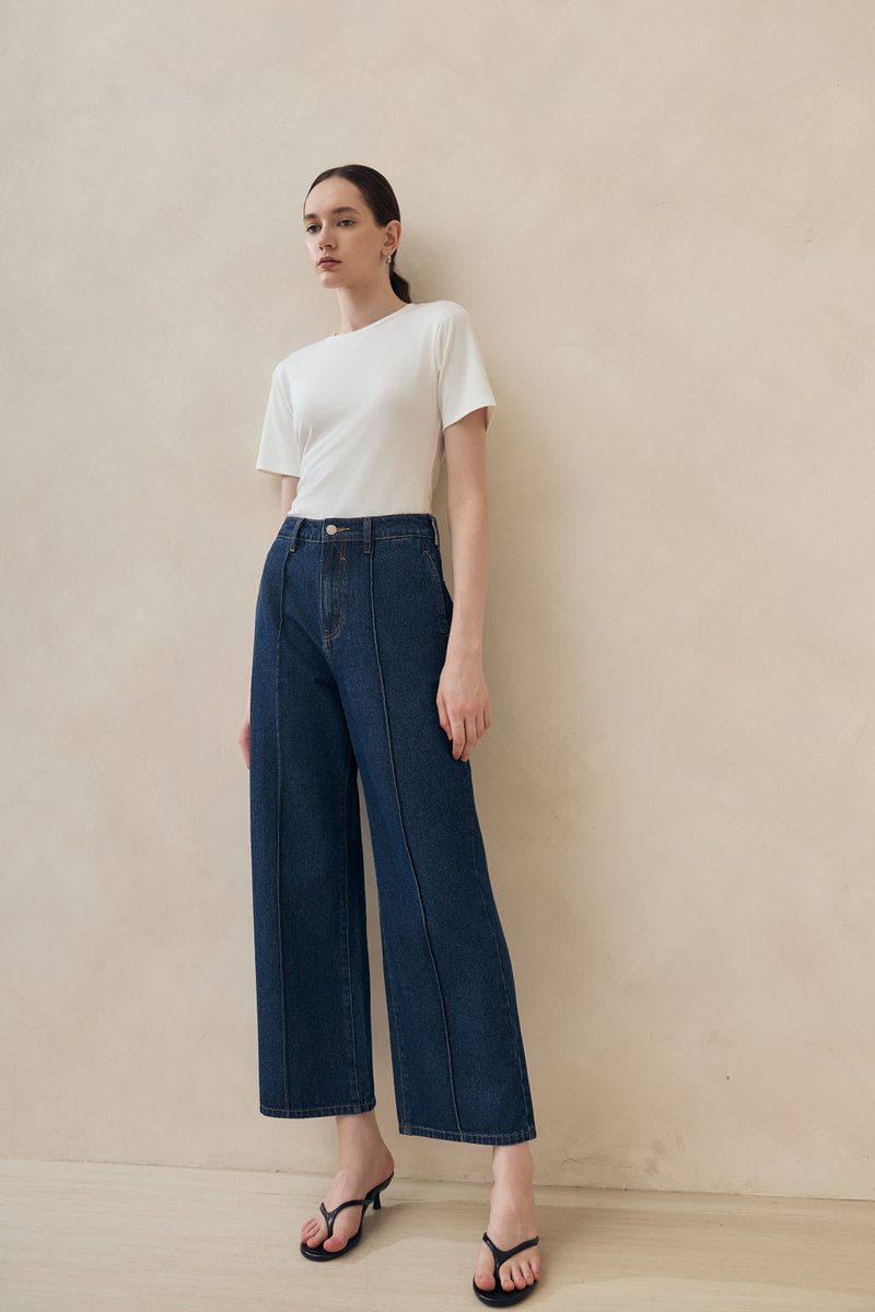TERRY PIN TUCK WIDE LEG JEANS