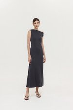 JANEY ASYMMETRIC RUCHED MIDI DRESS
