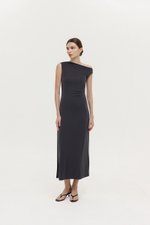 JANEY ASYMMETRIC RUCHED MIDI DRESS