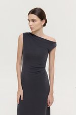 JANEY ASYMMETRIC RUCHED MIDI DRESS