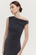 JANEY ASYMMETRIC RUCHED MIDI DRESS