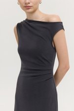 JANEY ASYMMETRIC RUCHED MIDI DRESS