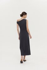 JANEY ASYMMETRIC RUCHED MIDI DRESS