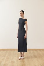JANEY ASYMMETRIC RUCHED MIDI DRESS
