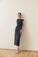 JANEY ASYMMETRIC RUCHED MIDI DRESS