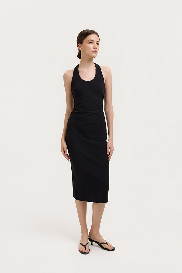 MARIANNA HALTER NECK RUCHED MIDI DRESS