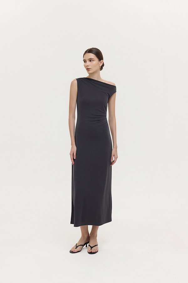 JANEY ASYMMETRIC RUCHED MIDI DRESS