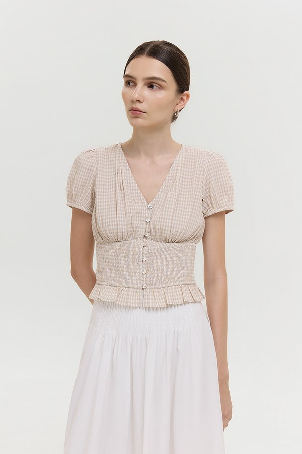 HEIDY BUTTONDOWN SMOCKED GINGHAM TOP
