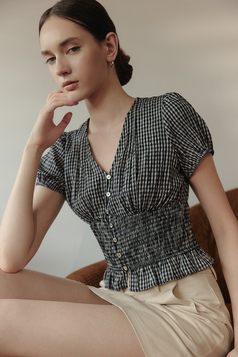 HEIDY BUTTONDOWN SMOCKED GINGHAM TOP