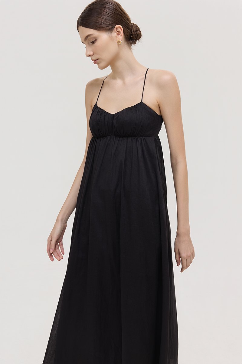 TAYLA RUCHED TIE BACK LINEN DRESS