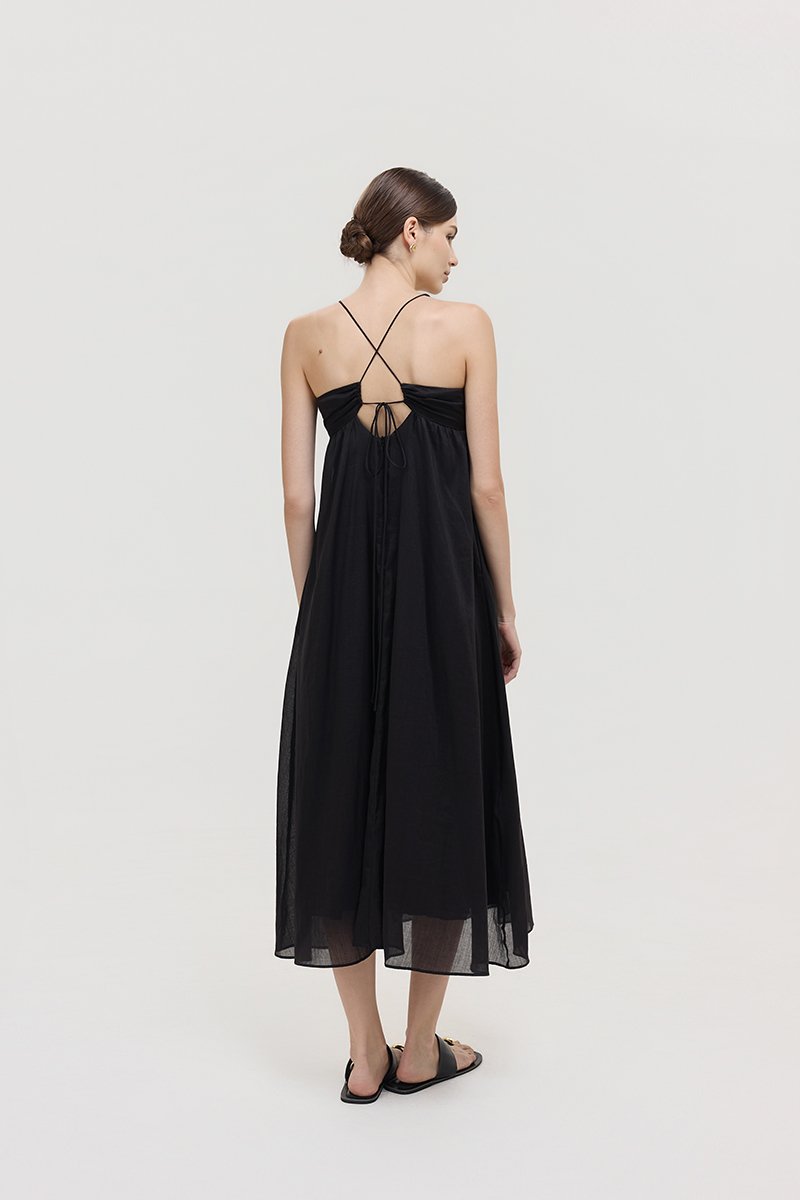 TAYLA RUCHED TIE BACK LINEN DRESS