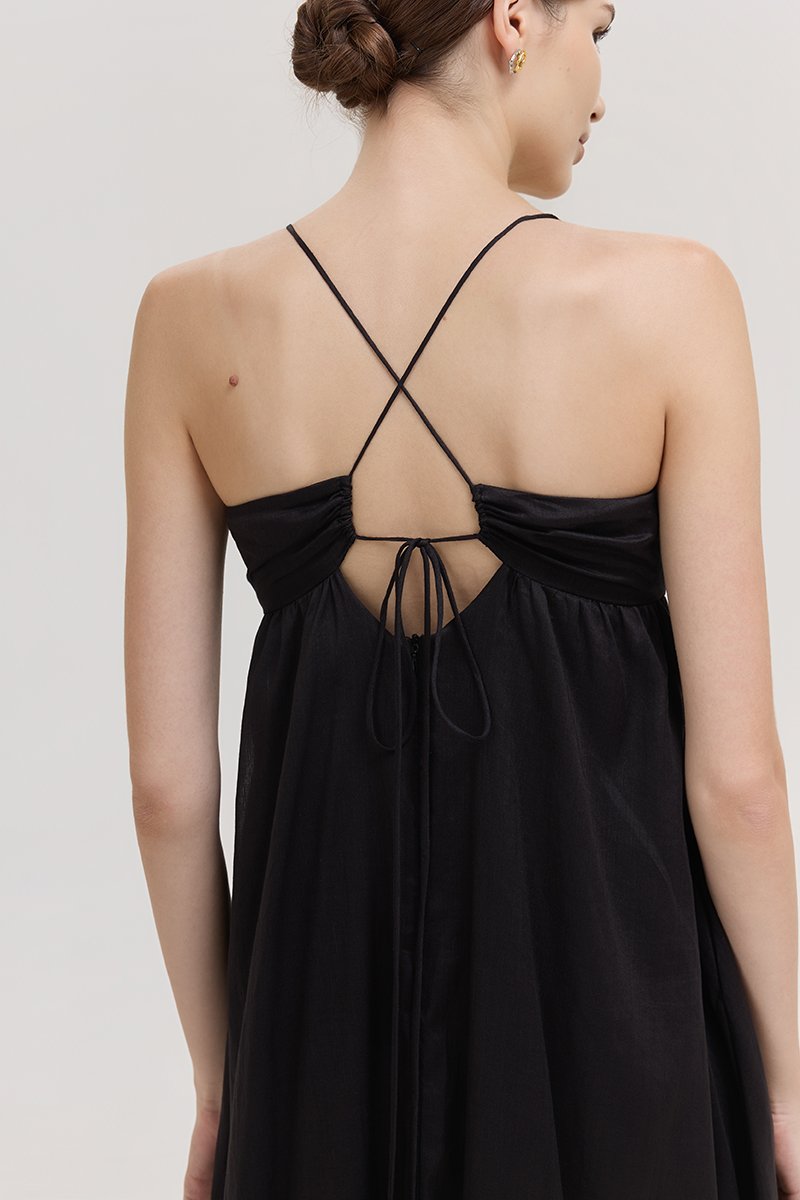 TAYLA RUCHED TIE BACK LINEN DRESS