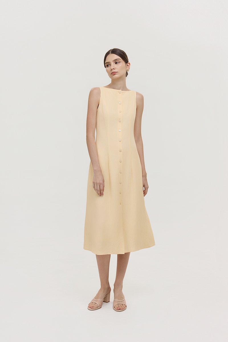 CLAUDINE BUTTON DOWN LINEN MIDI DRESS