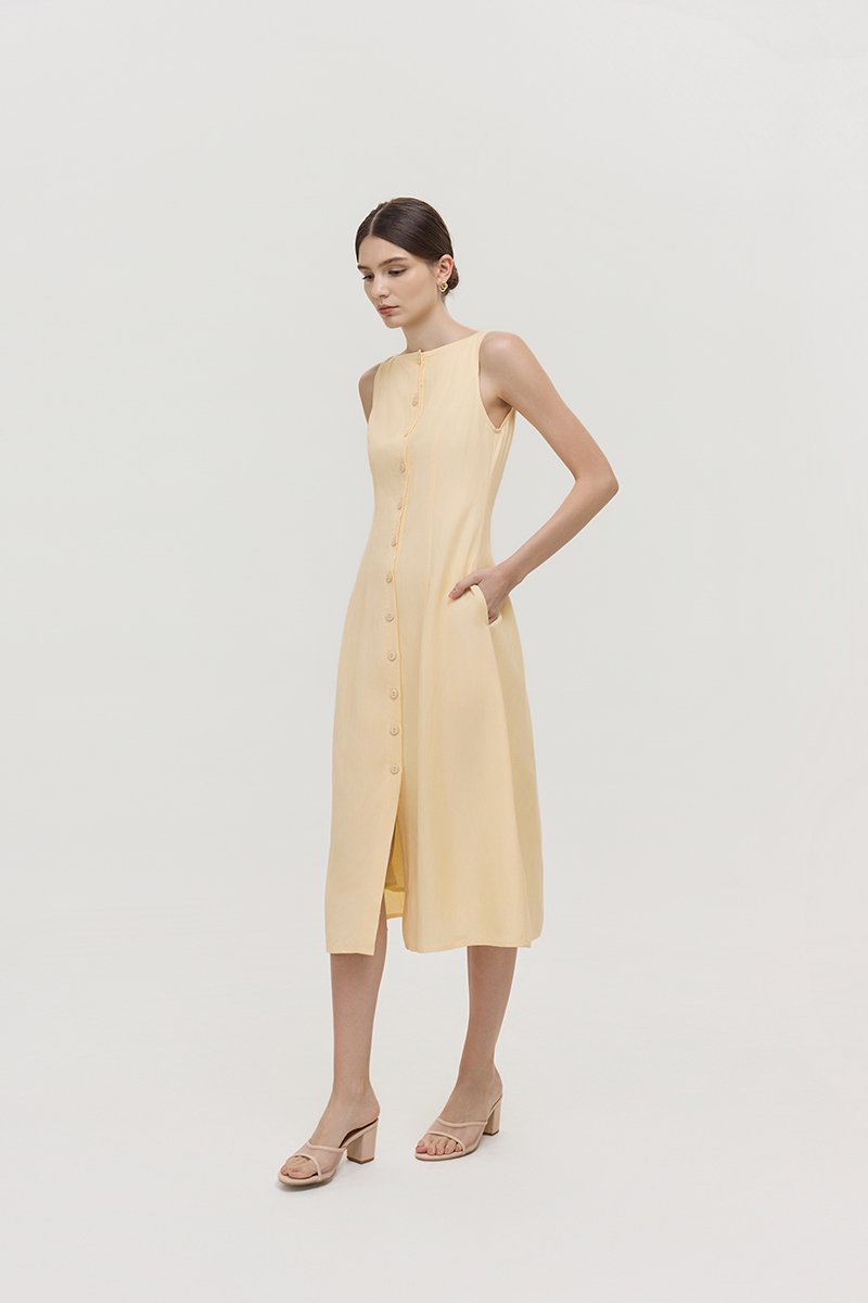 CLAUDINE BUTTON DOWN LINEN MIDI DRESS