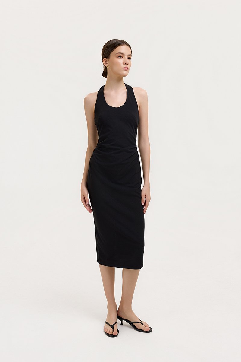 MARIANNA HALTER NECK RUCHED MIDI DRESS
