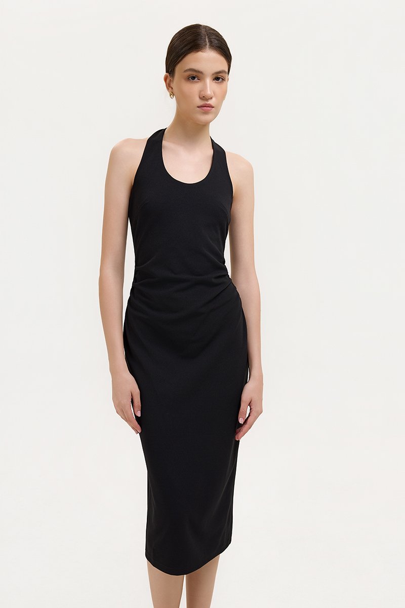 MARIANNA HALTER NECK RUCHED MIDI DRESS