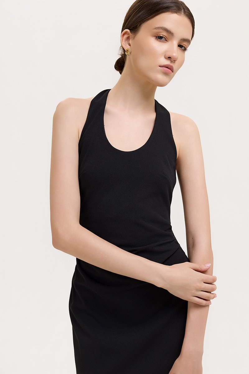 MARIANNA HALTER NECK RUCHED MIDI DRESS
