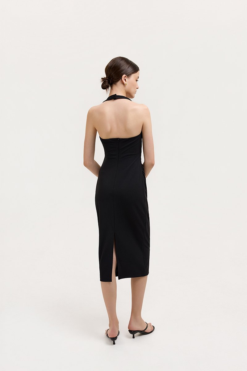 MARIANNA HALTER NECK RUCHED MIDI DRESS