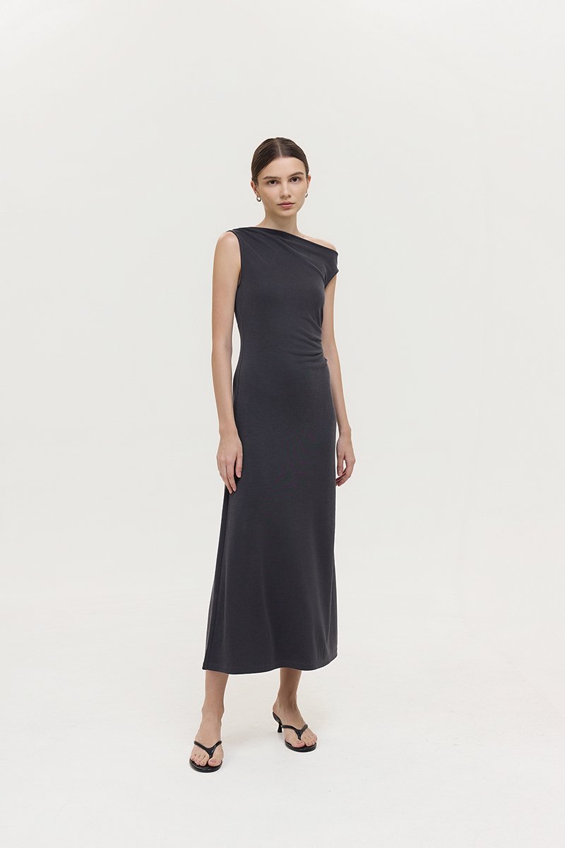 JANEY ASYMMETRIC RUCHED MIDI DRESS