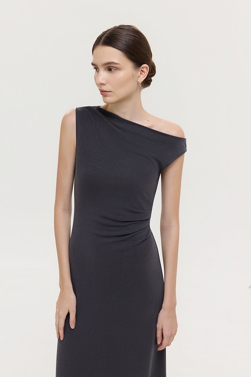 JANEY ASYMMETRIC RUCHED MIDI DRESS