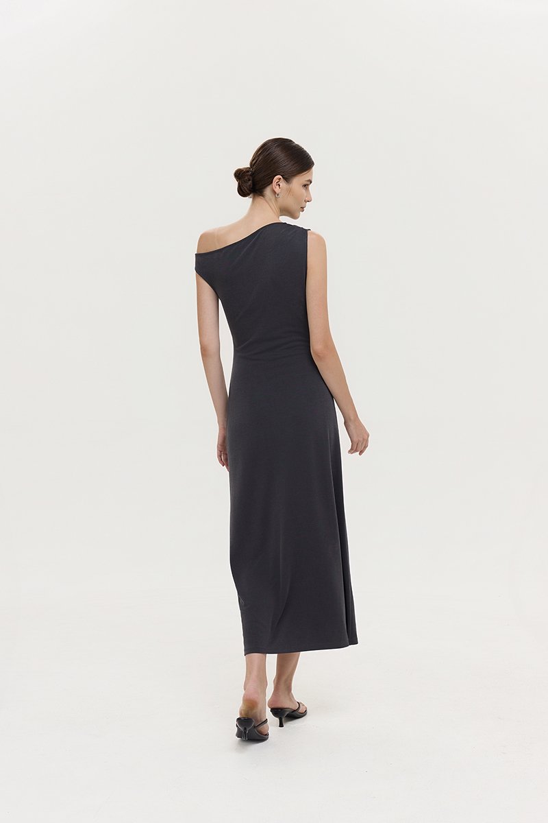JANEY ASYMMETRIC RUCHED MIDI DRESS