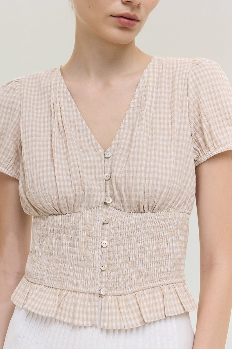 HEIDY BUTTONDOWN SMOCKED GINGHAM TOP