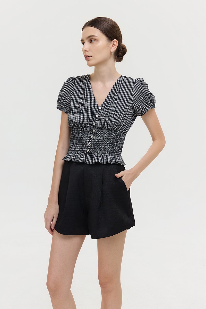 HEIDY BUTTONDOWN SMOCKED GINGHAM TOP