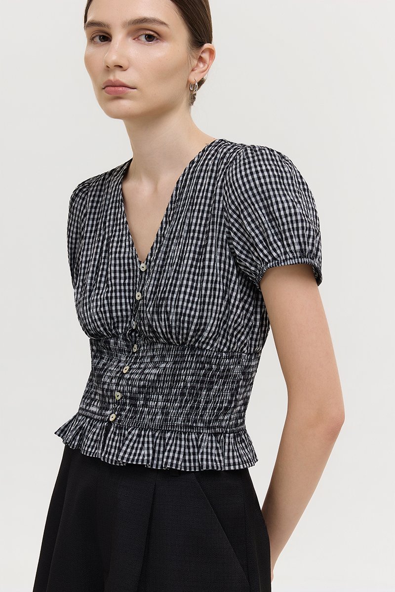 HEIDY BUTTONDOWN SMOCKED GINGHAM TOP