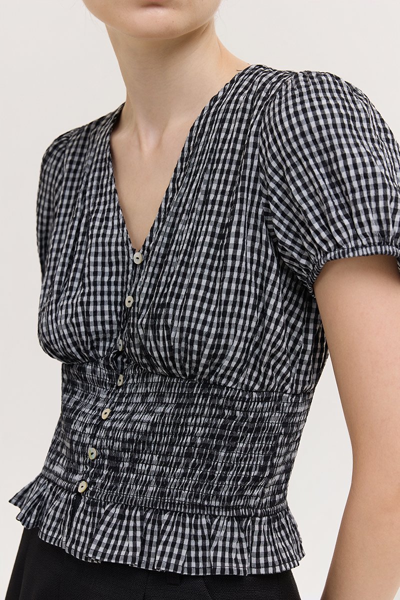 HEIDY BUTTONDOWN SMOCKED GINGHAM TOP