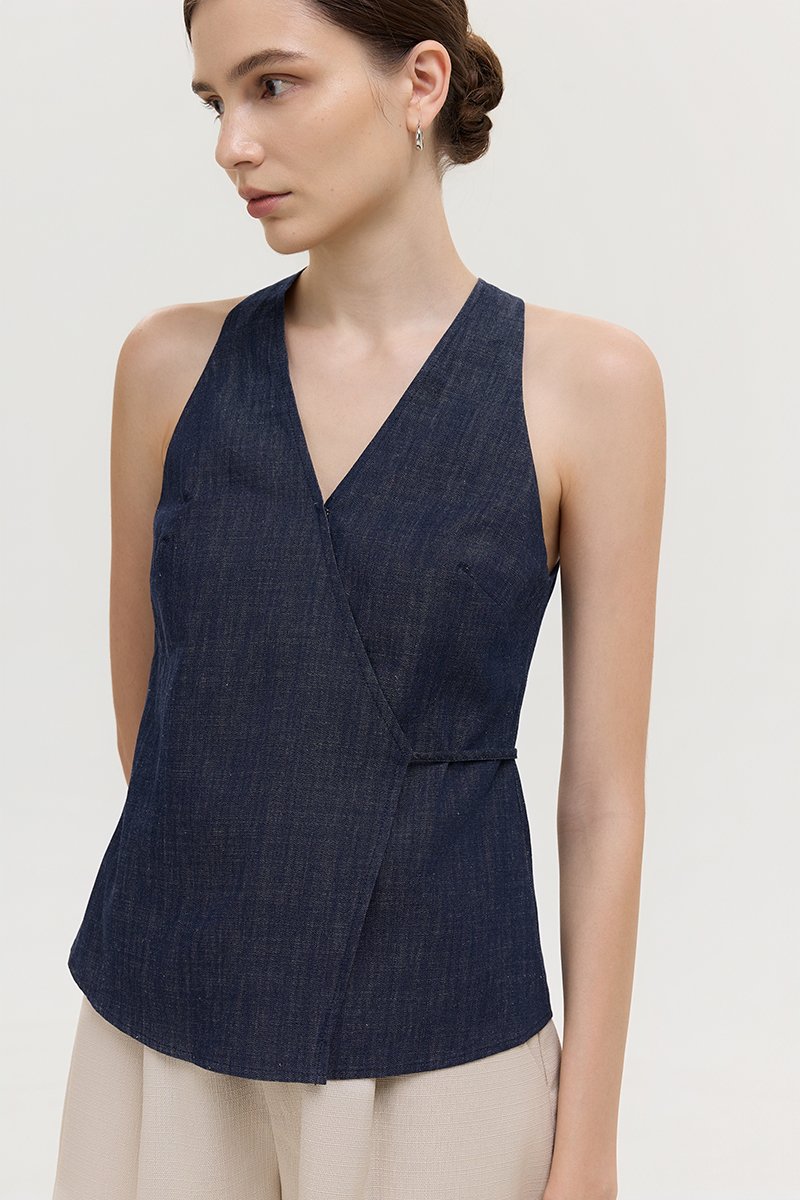 CAMILA WRAP LINEN DENIM TOP