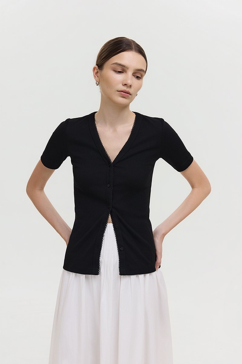 BAYLIN BUTTONDOWN LACE TRIM TEE