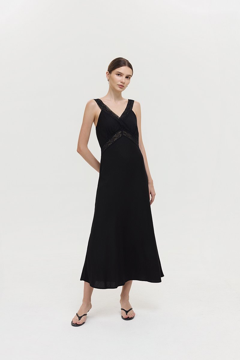 PAULINA LACE TRIM MAXI LINEN DRESS
