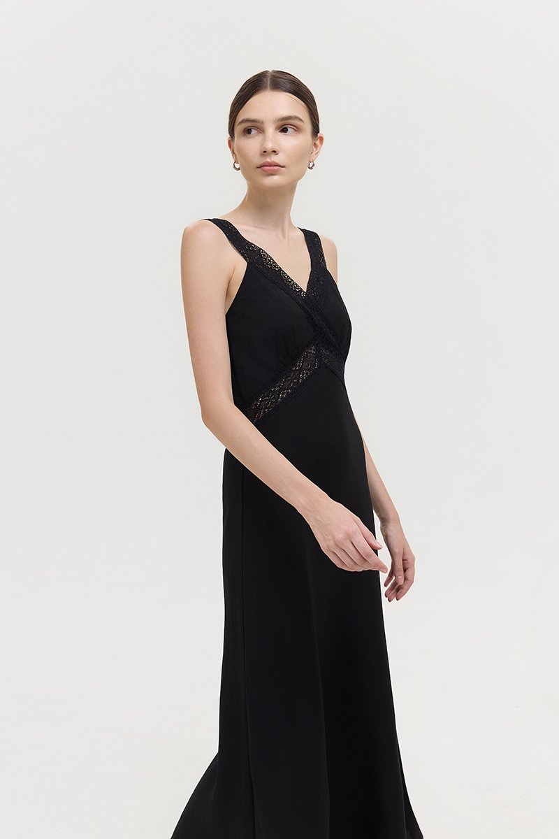 PAULINA LACE TRIM MAXI LINEN DRESS