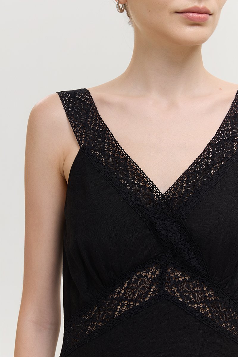 PAULINA LACE TRIM MAXI LINEN DRESS