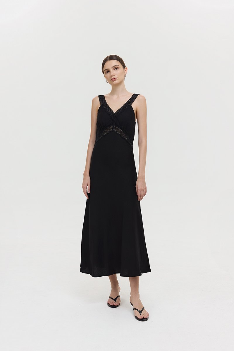 PAULINA LACE TRIM MAXI LINEN DRESS