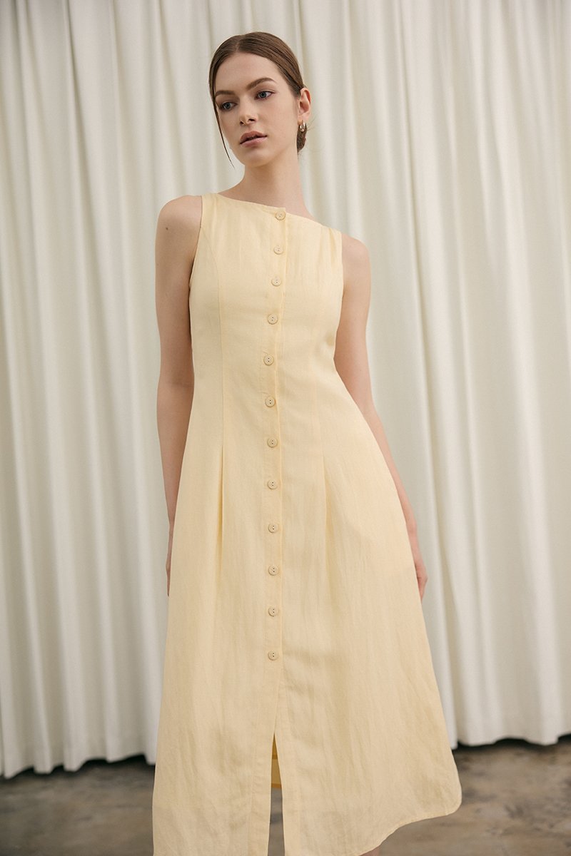 CLAUDINE BUTTON DOWN LINEN MIDI DRESS