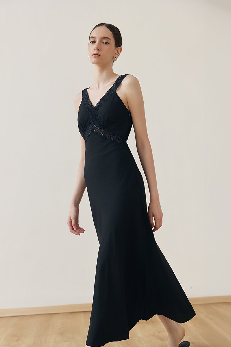 PAULINA LACE TRIM MAXI LINEN DRESS
