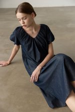 LINETTE PLEATED PUFF SLEEVES DENIM MIDI DRESS