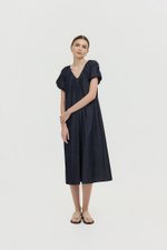 LINETTE PLEATED PUFF SLEEVES DENIM MIDI DRESS
